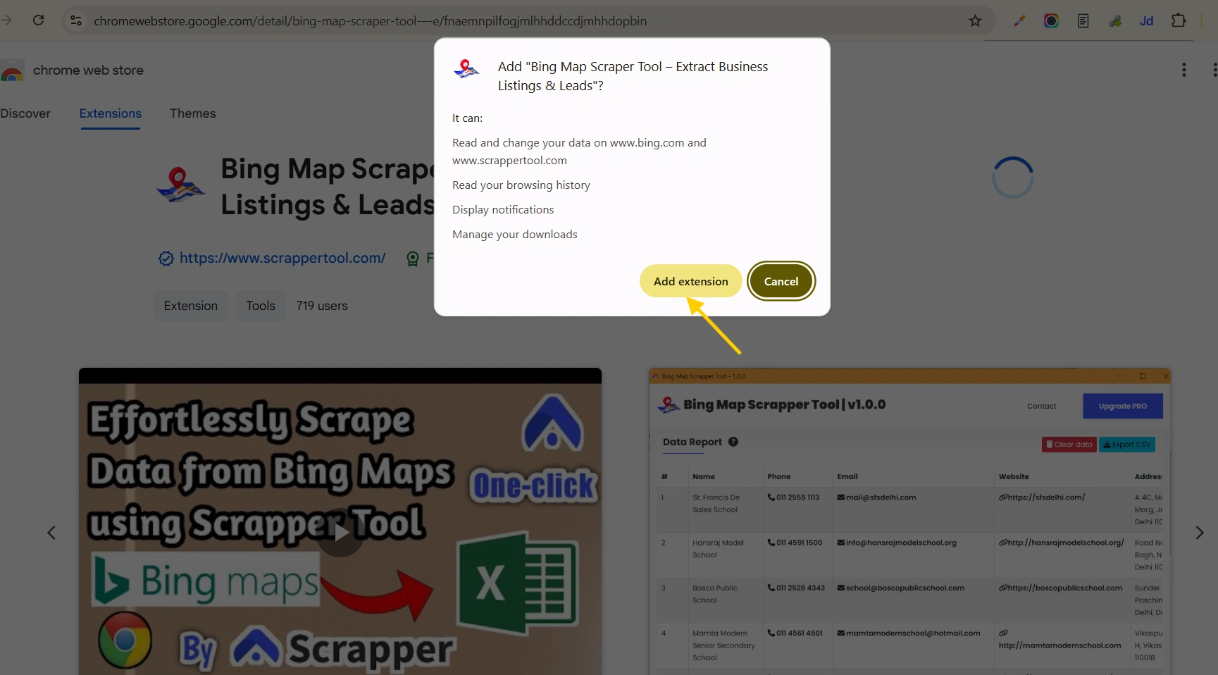 BING MAP SCRAPPER TOOL ADD extension button