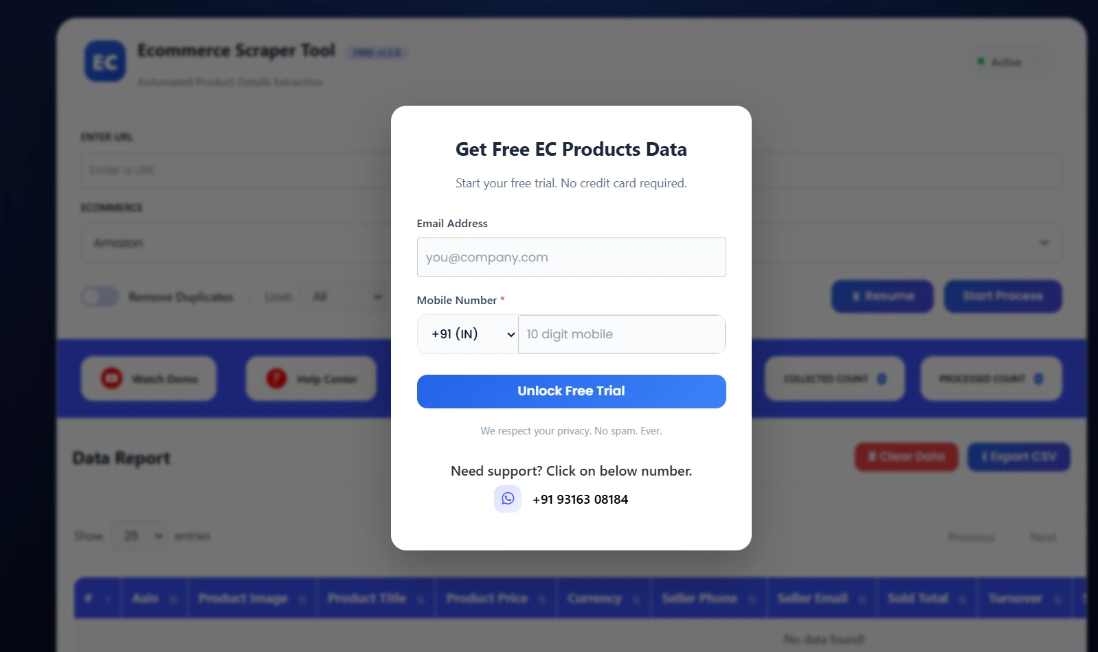 Ecommerce Scrapper Tool Enquiry Page