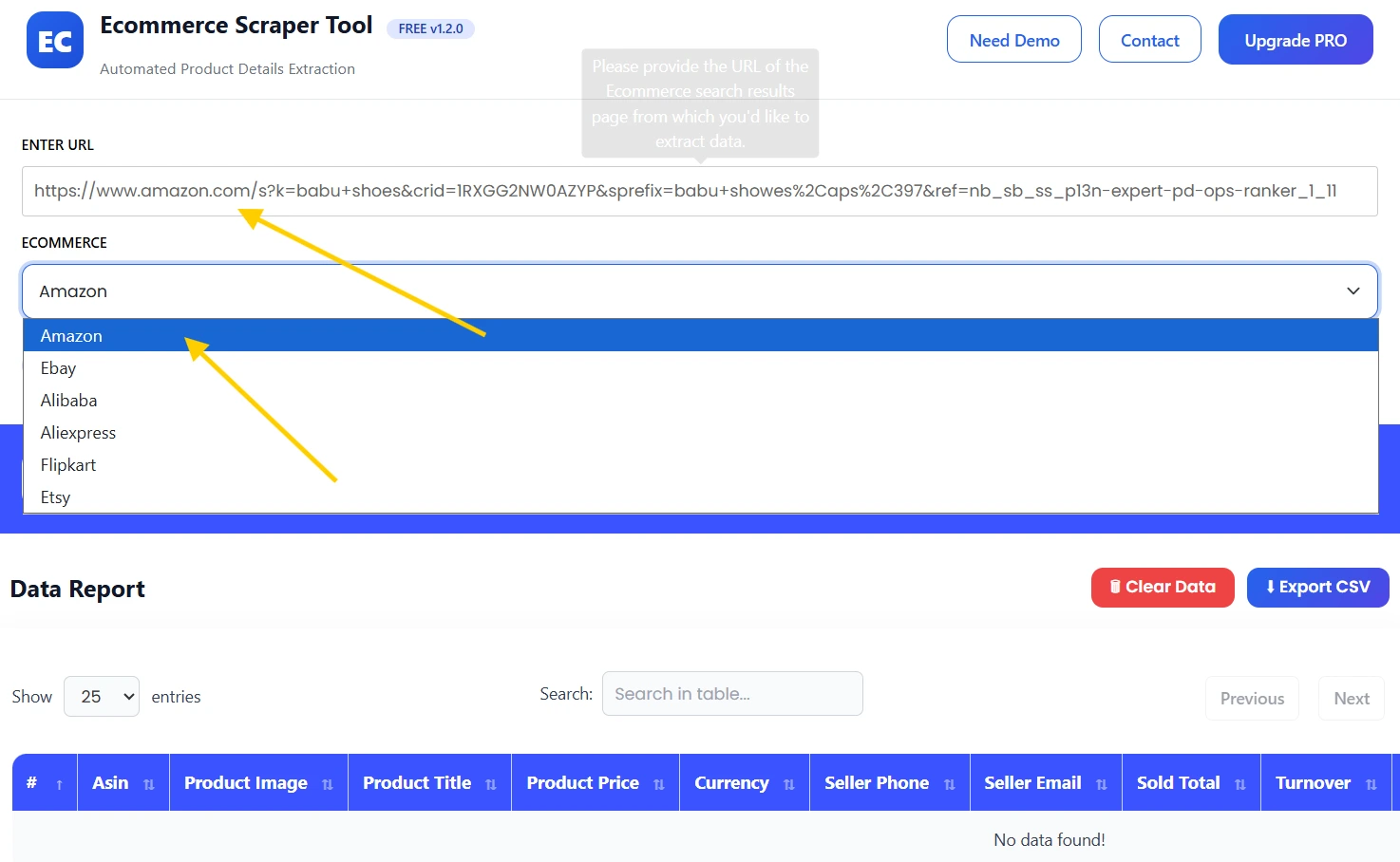 Ecommerce Scrapper URL in Dashboard