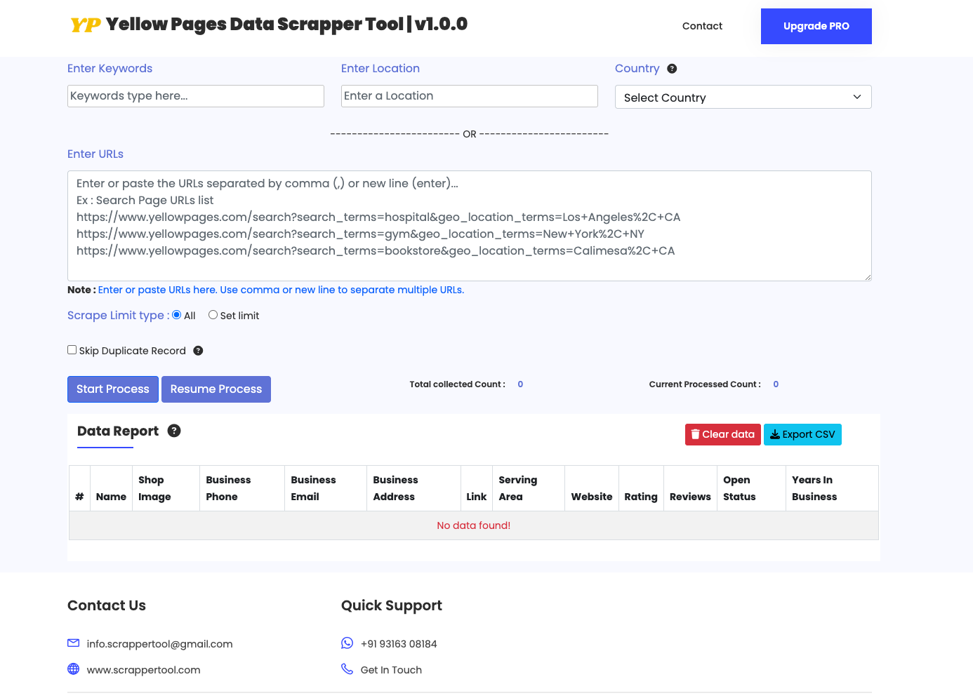 Yellow Pages Scraper Tool Dashboard