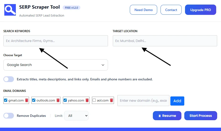 SERP Scrapper Tool Enter Keyword