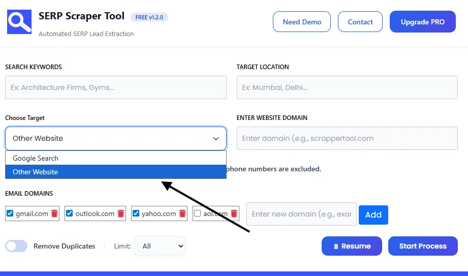 SERP Scrapper Tool Platofrom Select