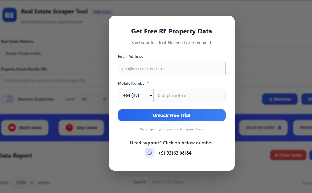 Real State India Scrapper Tool Pop up Form