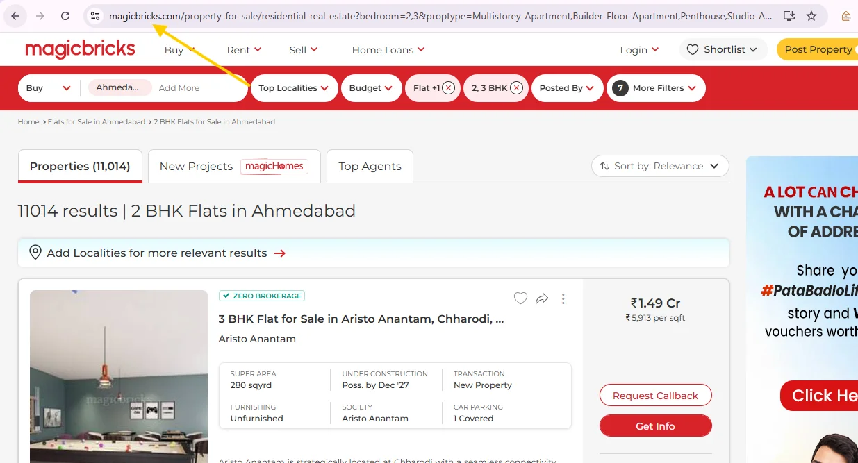 Magic Bricks Scrapper Tool Search