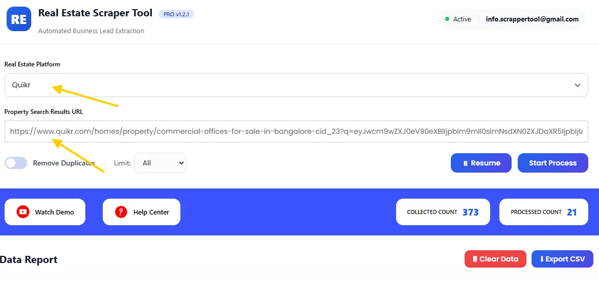 Quickr ScrapperTool URL input
