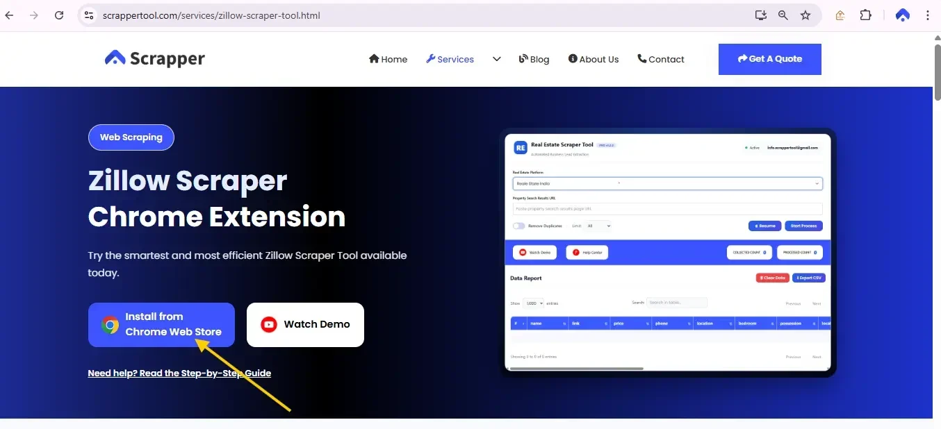 Zillow Scrapper Tool Web Page