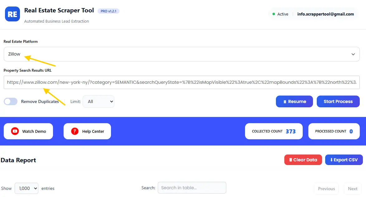 Zillow Scrapper Tool URL input