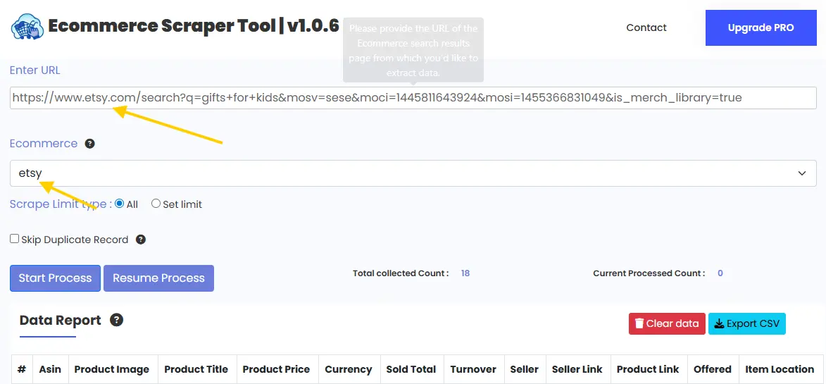 Etsy Scrapper Tool URL Paste