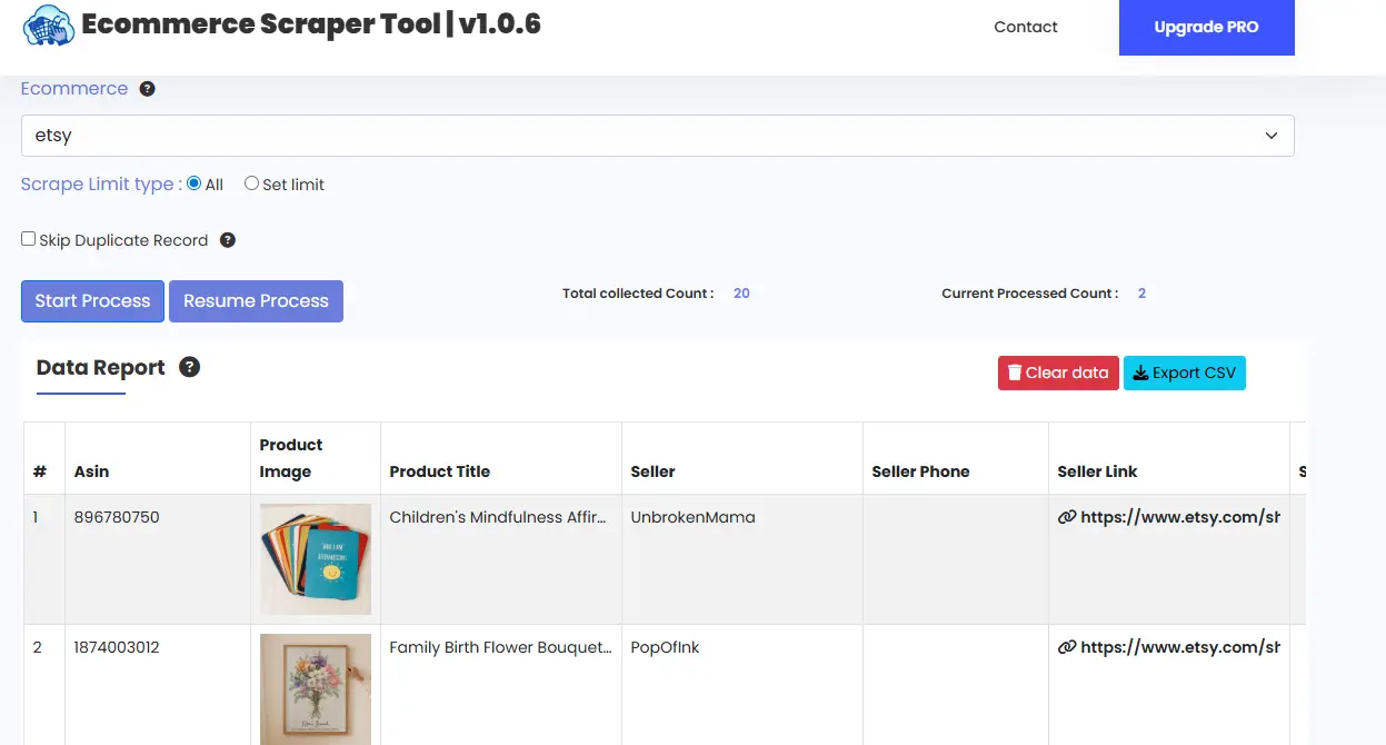 Etsy Scrapper Tool Data