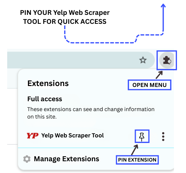 Yelp Web Scraper Tool pin extension by scrapper tool