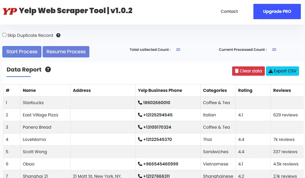 Yelp Scraper Tool DATA in Extension Screen