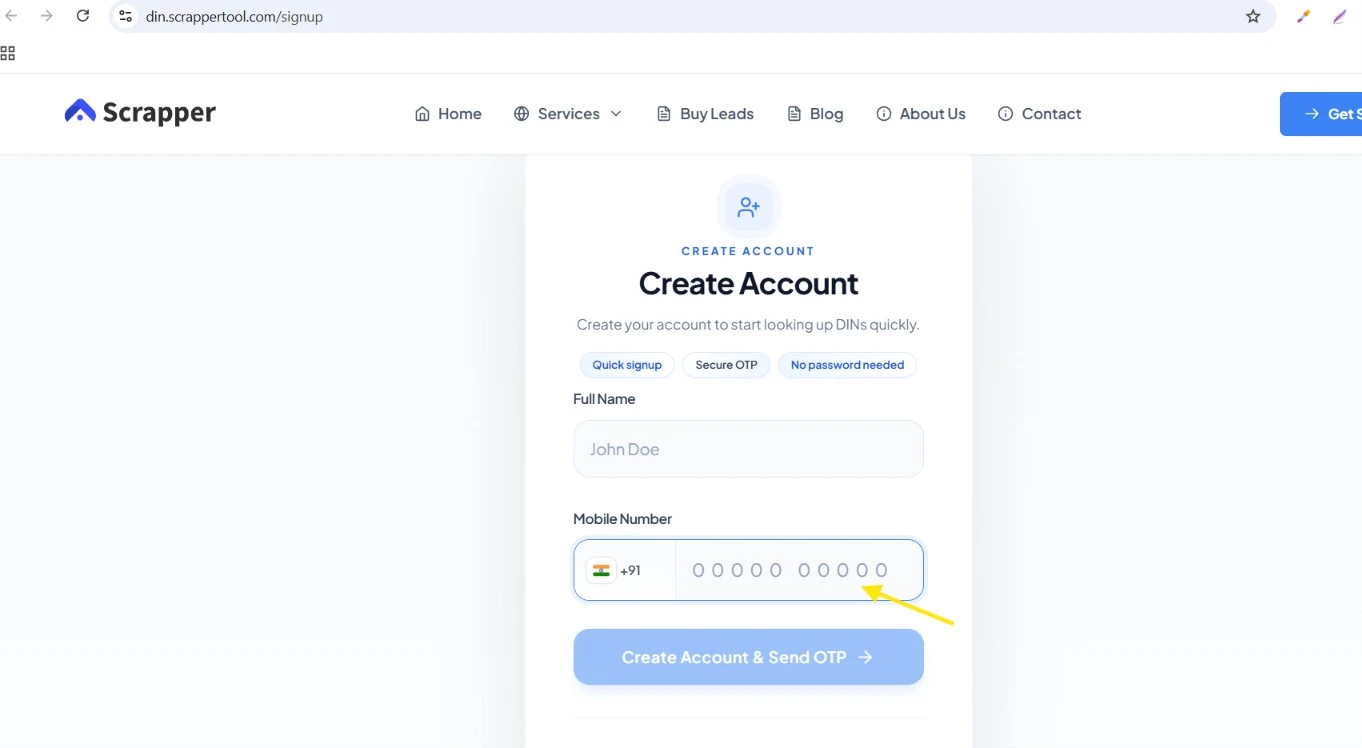 Create account with mobile number for DIN contact lookup