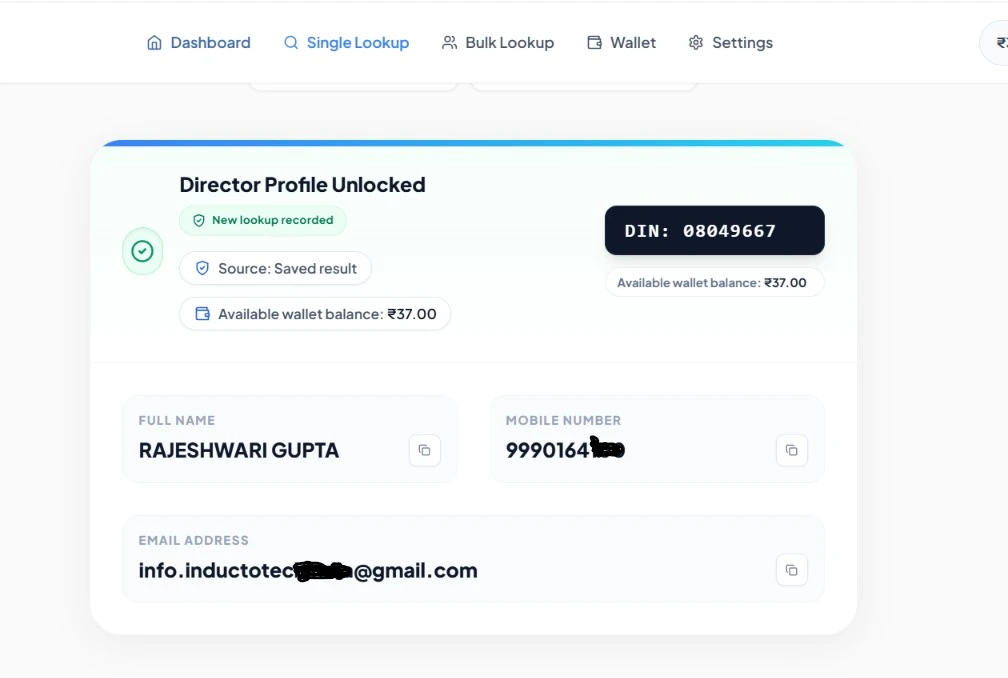 DIN lookup result with available director contact details